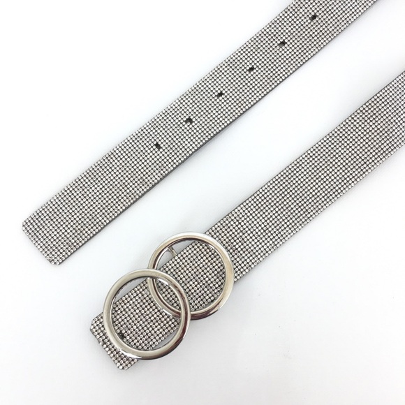 Faux Leather Rhinestone Studded Statement Belt Silver Double Circle Buckle Bling - Picture 3 of 11